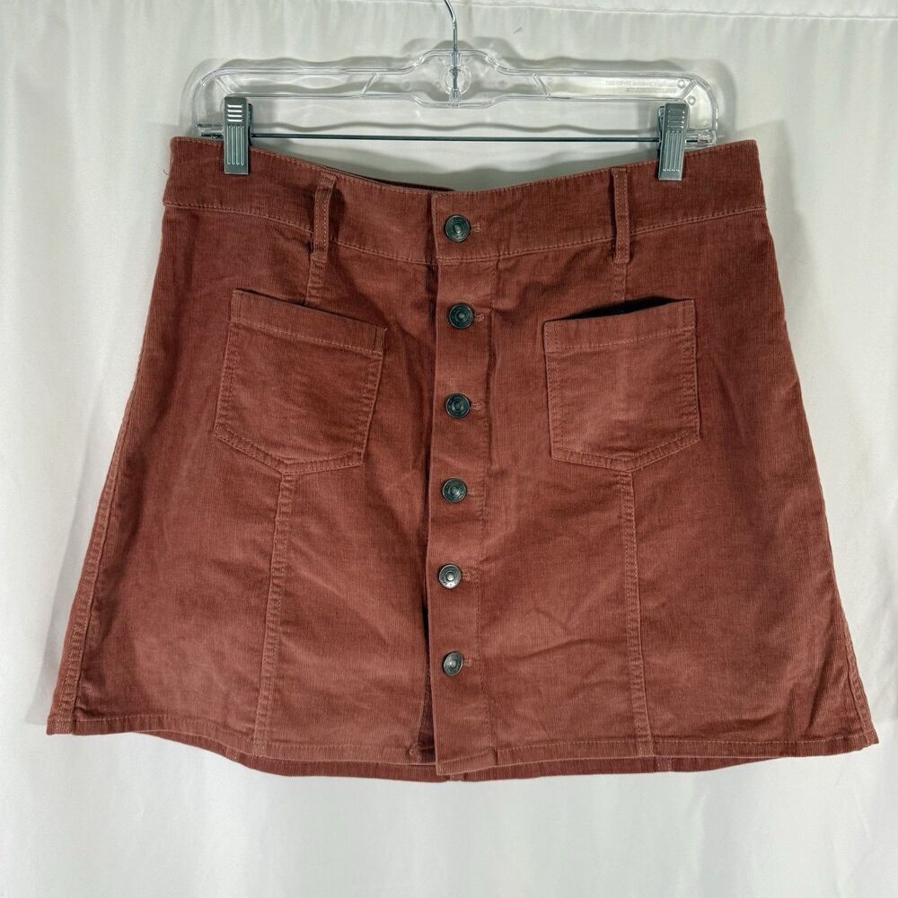 Aerie Corduroy Skirt Women's Large Brown Button Front Pockets Cotton Blend